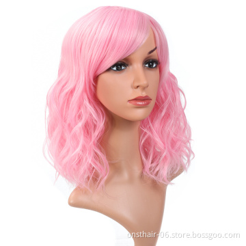 Onst Highlight Short Curly Ombre Bob Wig with Bang Brown to Pink Short Wig 2 Tone Wig Natural Wavy Heat Resistant Synthetic Hair